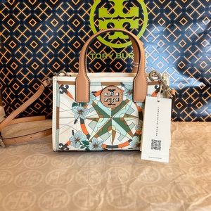 Tory Burch Ella Printed Nylon Mini Tote Bag Crossbody French Cream Floral